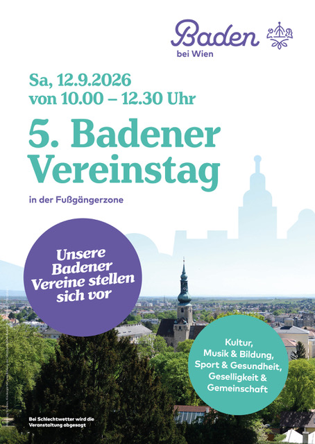 5. Badener Vereinstag am 12. September 2026 von 10 bis 12 Uhr 30 in der Fußgeherzone